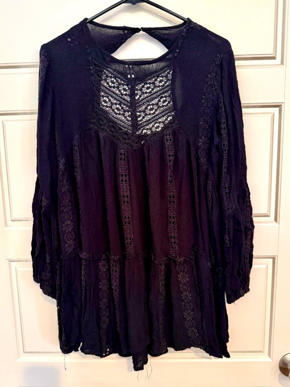 Free People "Don't Let Go" Peasant Top Black Crochet Inset XS